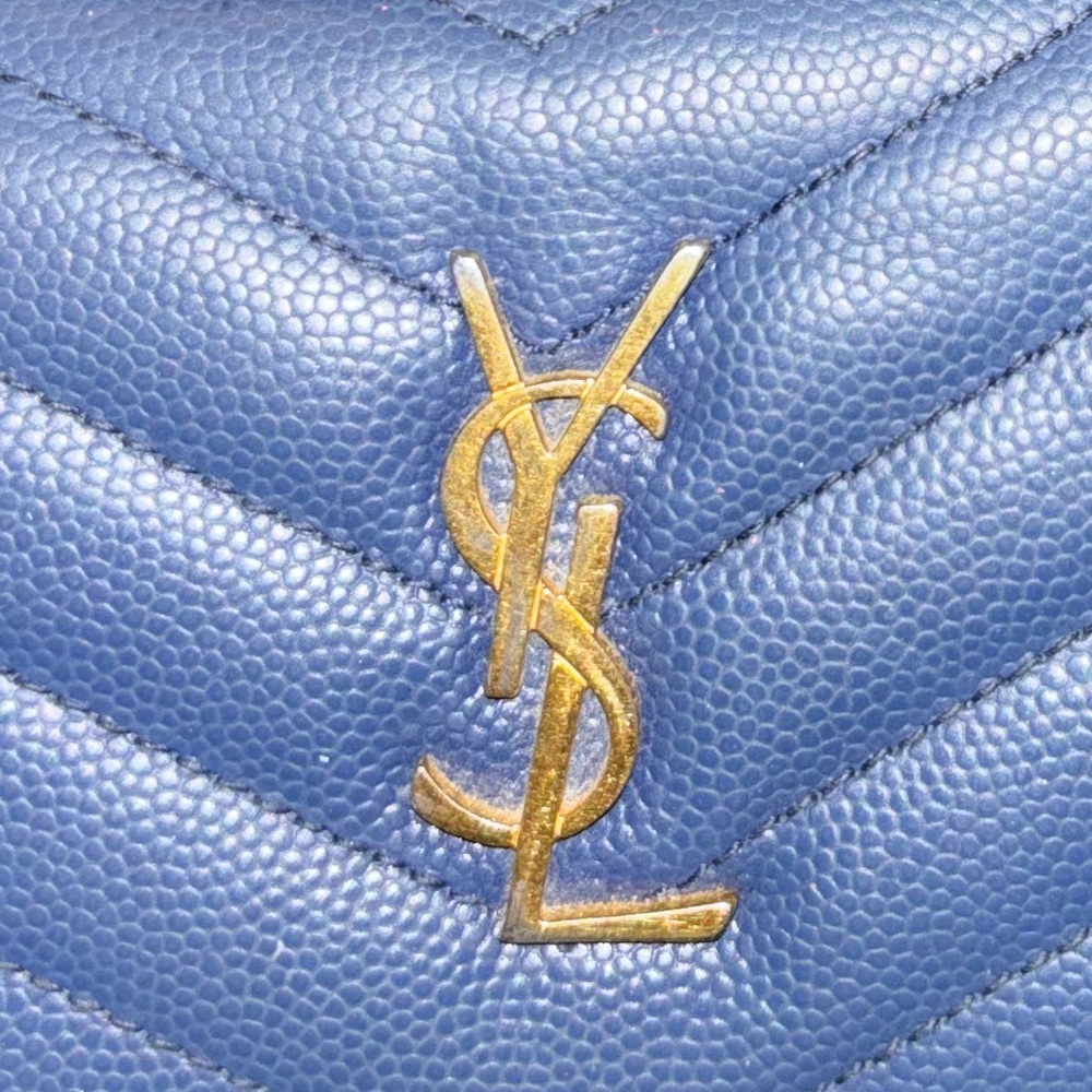 Saint Laurent Quilted Blue Card Holder with Gold Logo